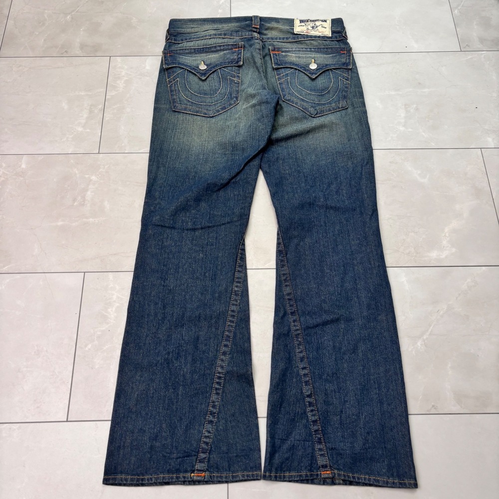 True Religion Joey Jeans 34 Y2K Made USA Distressed Flare Bootcut Dark Wash